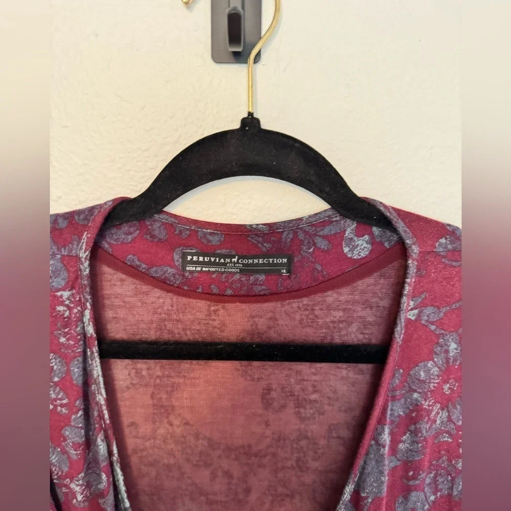 Peruvian Connection Faux Wrap Dress Lined Purple Blue Damask XL Stretch EUC - Picture 3 of 5